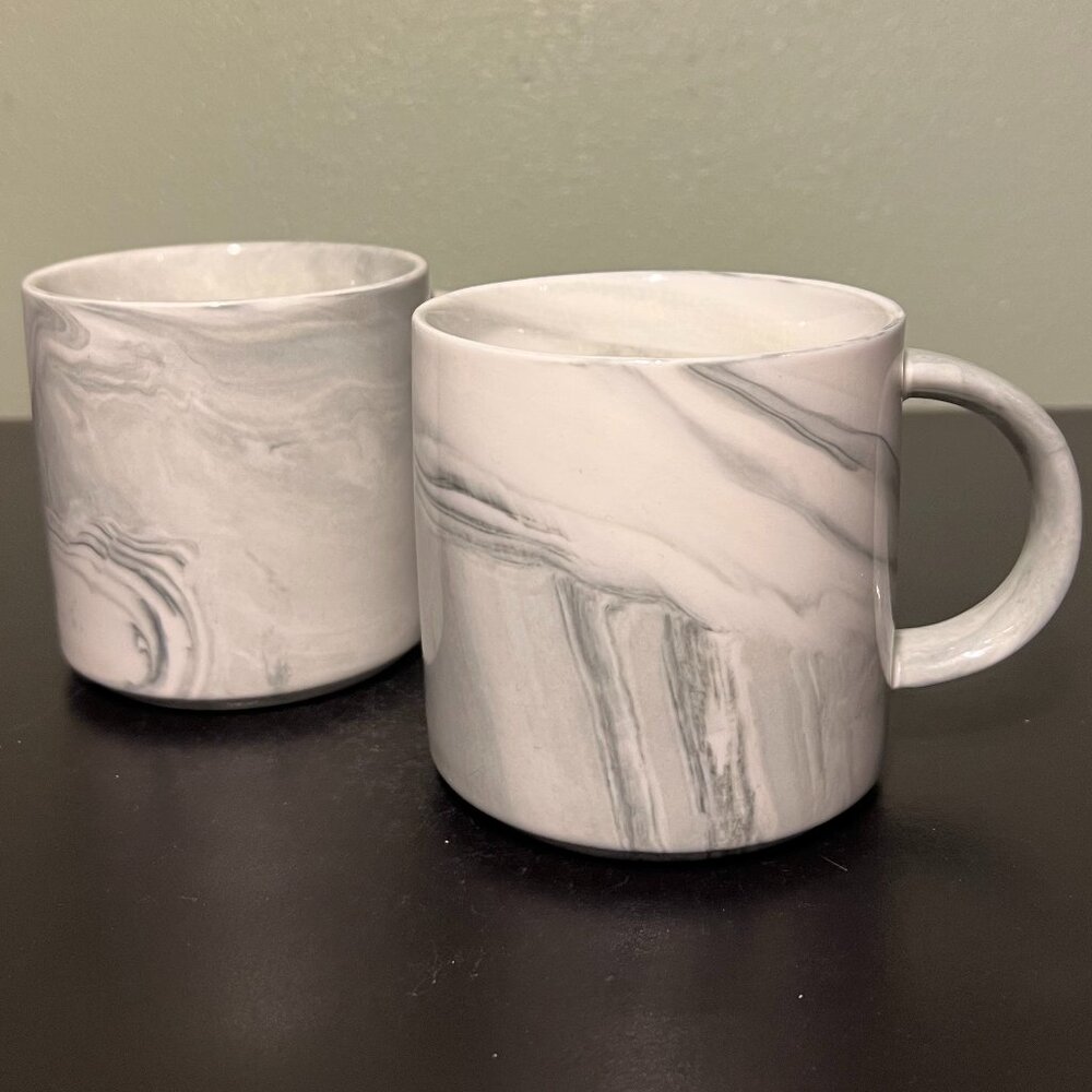 Set of 2 Stackable Marbleized White Black Gray Swirl Coffee Cups Mugs Swirl